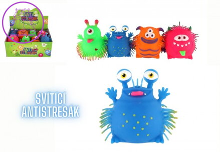 Míček příšerka antistresový mačkací silikon 11cm na baterie se světlem 4 druhy v sáčku 16ks v boxu