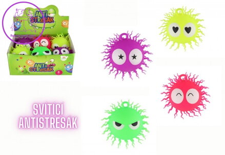 Míč chlupatý antistresový mačkací silikon 14cm na baterie se světlem 4 barvy v sáčku 6ks v boxu