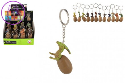 Přívěsek na klíče/Klíčenka dinosaurus ve vajíčku kov/plast 6cm mix druhů 12ks na kartě