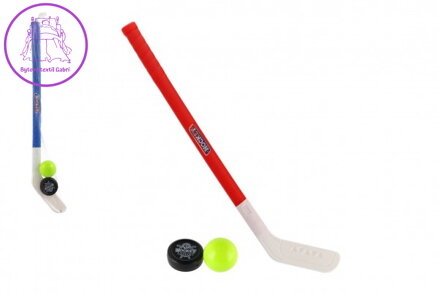Hokejka plast 73cm s pukem a míčkem 2 barvy v síťce