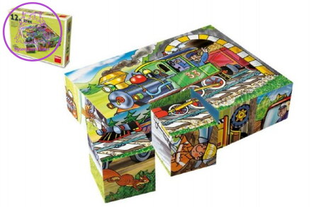 Kostky kubus Mašinka dřevo 12ks v krabičce 16x12x4cm