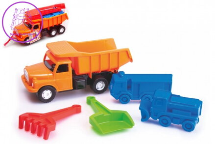 Auto Tatra 148 sklápěč oranžová plast 30cm + formičky 2ks,lopatka,hrabičky v síťce 12m+