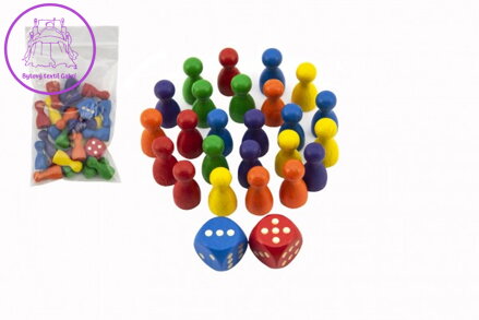Figurky dřevo 25mm 24ks 6 barev+ 2 kostky společenská hra v sáčku 7x13cm
