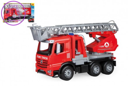 Auto hasiči Mercedes-Benz Arocs 47cm s žebříkem plast stříkající vodu v krabici 50x30x20cm