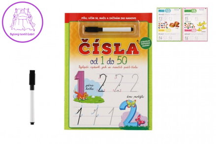 Čísla od 1 do 50 se stíratelnými listy + popisovač 21x28cm
