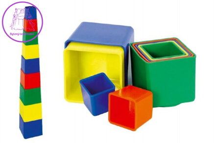 Kubus pyramida skládanka hranatá plast 4 barvy 9ks v sáčku 9x9x9cm 12m+