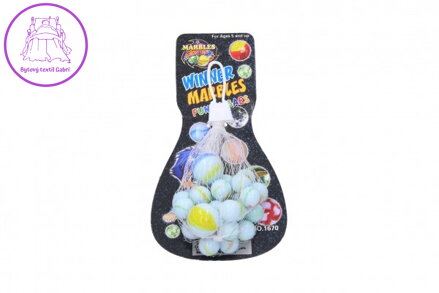 Kuličky cvrnkací mramorované skleněné různé velikosti v síťce na kartě 10x19cm