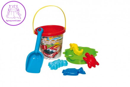 Sada na písek 7ks plast kbelík, sítko, lopatka, 4 formičky 3 barvy v síťce 18m+