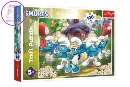 Puzzle Seznamte se se Šmouly 100 dílků 41x27,5cm v krabici 28,5x19x4cm