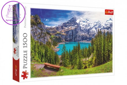 Puzzle Jezero Oeschinen Alpy, Švýcarsko 1500 dílků 85x58cm v krabici 40x26x6cm