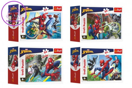 Minipuzzle 54 dílků Spidermanův čas 4 druhy v krabičce 9x6,5x4cm 40ks v boxu