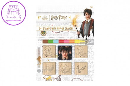 Razítka 5+1 s poduškou dřevěná 5x5cm s voskovkou Harry Potter na kartě