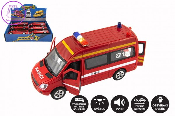 Auto hasiči kov/plast 15cm na baterie se světlem se zvukem na zpětné natažení 6 ks v boxu Auto hasiči kov/plast 15cm na baterie se světlem se zvukem na zpětné natažení 6 ks v boxu