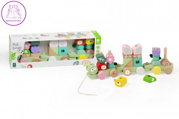 Vlak + 2 vagóny jungle dřevo tahací stavebnice 27 dílků v krabici 38x12x8cm 12m+