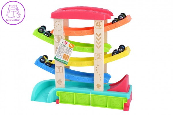 Dráha závodní kaskádová pro auta +auta 4ks dřevo/plast 33x32x10cm 18m+