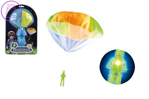 Parašutista figurka s padákem létající svítící látka/plast  12cm na baterie 2 barvy na kartě