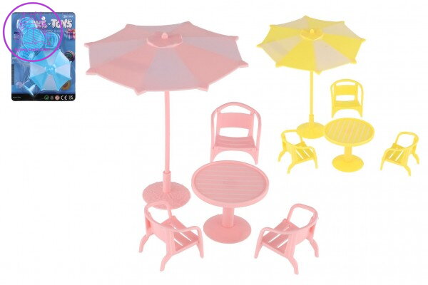 Nábytek pro panenky/stůl a židle se slunečníkem plast 3 barvy na kartě 18x25x5cm Nábytek pro panenky/stůl a židle se slunečníkem plast 3 barvy na kartě 18x25x5cm