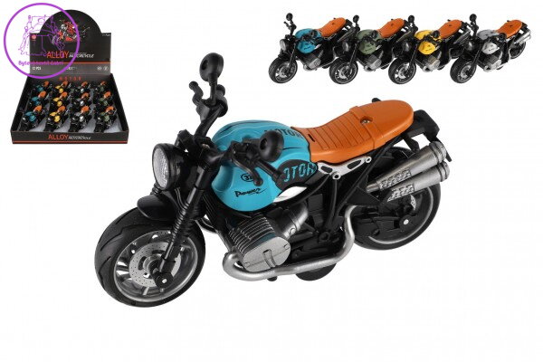 Motorka plast 13cm na zpětné natažení na baterie se světle, zvukem 4 barvy 12ks v boxu Motorka plast 13cm na zpětné natažení na baterie se světle, zvukem 4 barvy 12ks v boxu