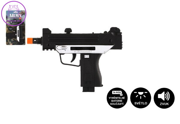 Pistole samopal plast ARMY 17,5cm na baterie se zvukem se světlem černá na kartě Pistole samopal plast ARMY 17,5cm na baterie se zvukem se světlem černá na kartě