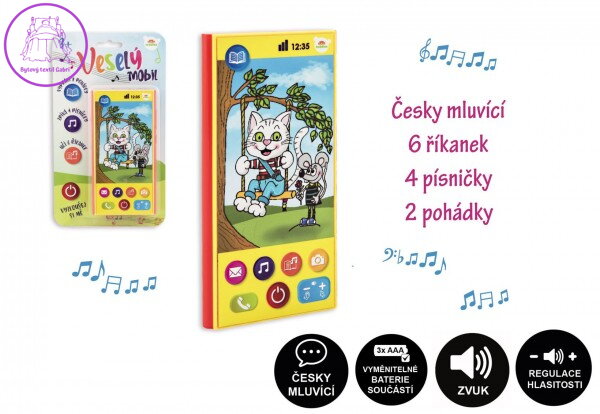 Veselý Mobil Telefon plast česky mluvící 7,5x15cm na baterie se zvukem na kartě Veselý Mobil Telefon plast česky mluvící 7,5x15cm na baterie se zvukem na kartě