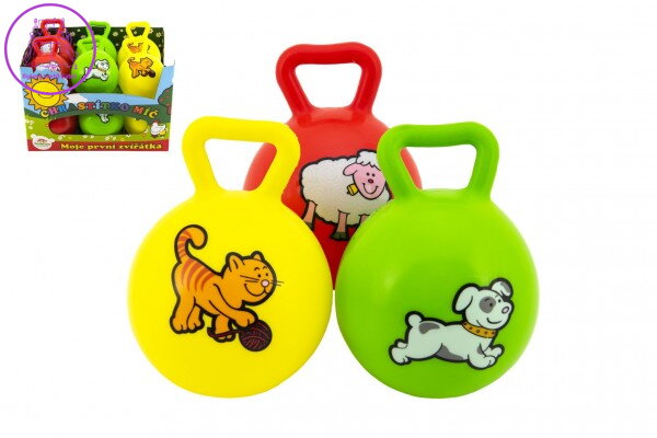 Míč s úchytem Moje první zvířátka chrastítko 10cm guma 3 barvy MPZ 12ks v boxu 0+