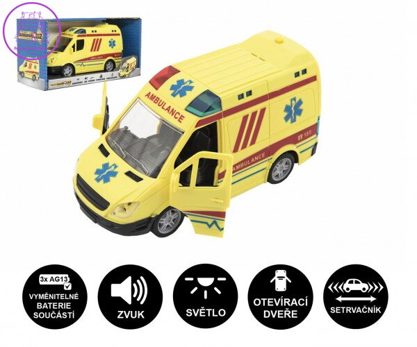 Auto ambulance plast 20cm na setrvačník na baterie se zvukem se světlem v krabici 26x15x12cm