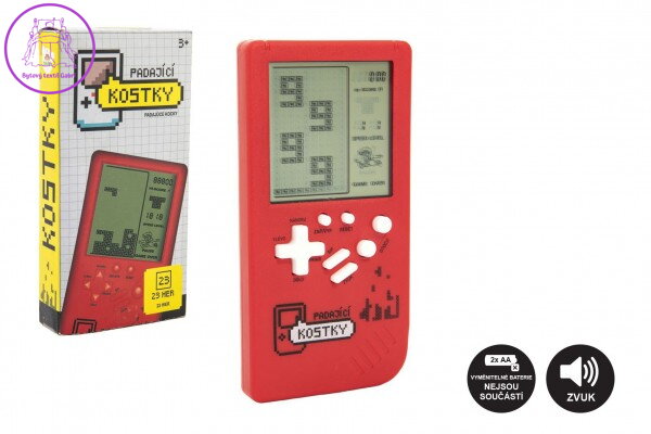 Digitální hra Padající kostky hlavolam plast 7x14cm červená na baterie se zvukem v krabičce 7,5x14,5