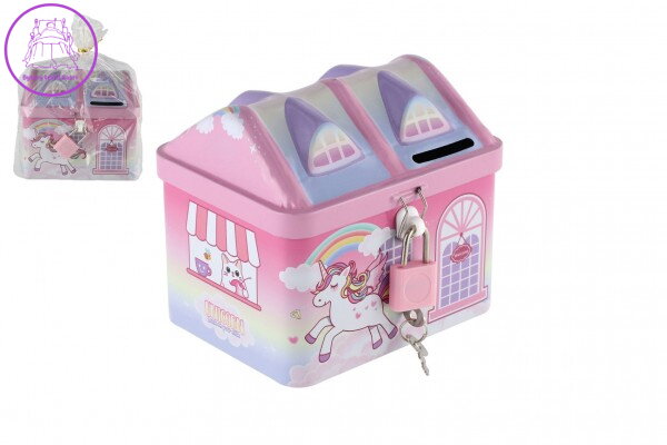 Pokladnička domeček jednorožec plechová se zámkem 11x9cm růžová v sáčku Pokladnička domeček jednorožec plechová se zámkem 11x9cm růžová v sáčku