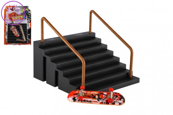 Skateboard prstový plast 9cm se schůdky a zábradlím na kartě Skateboard prstový plast 9cm se schůdky a zábradlím na kartě