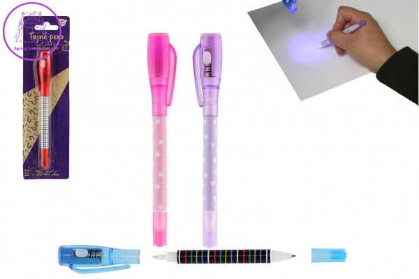 Tajné pero s neviditelným inkoustem a ÚV světlem + propiska plast 15cm na baterie 4 barvy na kartě Tajné pero s neviditelným inkoustem a ÚV světlem + propiska plast 15cm na baterie 4 barvy na kartě