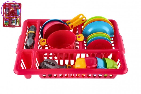 Sada nádobí s odkapávačem plast 35x28cm 2 barvy v síťce Sada nádobí s odkapávačem plast 35x28cm 2 barvy v síťce