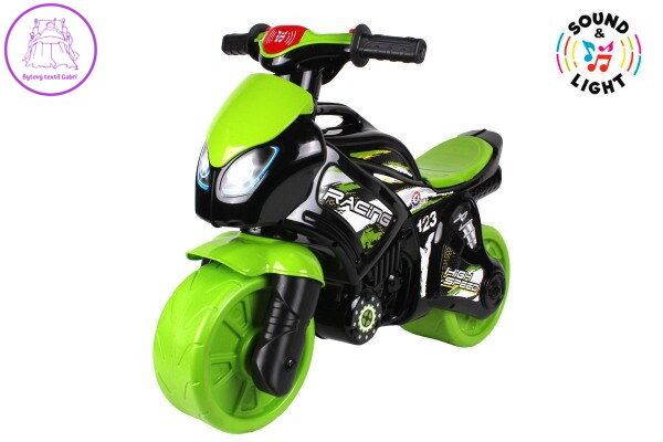Odrážedlo motorka zeleno-černá plast na baterie se světlem se zvukem v sáčku 36x53x74cm Odrážedlo motorka zeleno-černá plast na baterie se světlem se zvukem v sáčku 36x53x74cm