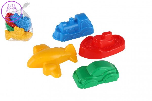 Formičky Bábovky na písek 4ks plast dopravní prostředky v síťce 12m+ Formičky Bábovky na písek 4ks plast dopravní prostředky v síťce 12m+