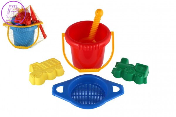 Kbelík sítko lopatka 2 bábovky plast v síťce 12m+ Kbelík sítko lopatka 2 bábovky plast v síťce 12m+