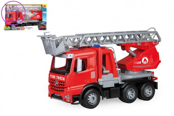 Auto hasiči Mercedes-Benz Arocs 47cm s žebříkem plast stříkající vodu v krabici 50x30x20cm