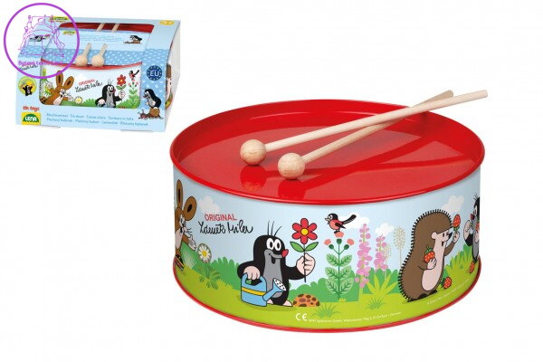 Bubínek Krtek plech 20cm s popruhem a paličkami v krabici 21x10x21cm Bubínek Krtek plech 20cm s popruhem a paličkami v krabici 21x10x21cm