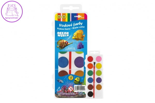 Vodové barvy se štětcem Ocean World 12barev/21mm v plastové krabičce 7x18x1cm v sáčku Vodové barvy se štětcem Ocean World 12barev/21mm v plastové krabičce 7x18x1cm v sáčku