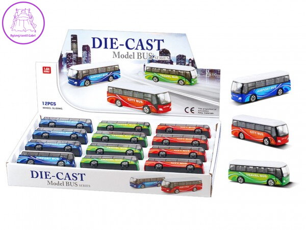 Autobus kov/plast 9cm na volný chod 3 druhy 12ks v boxu Autobus kov/plast 9cm na volný chod 3 druhy 12ks v boxu