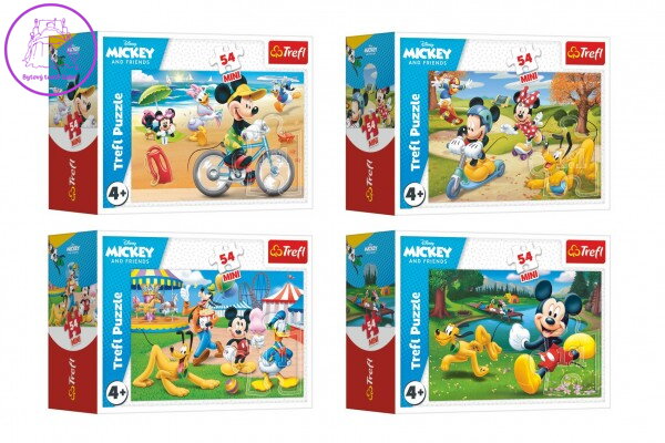Minipuzzle 54 dílků Mickey Mouse Disney/ Den s přáteli 4 druhy v krabičce 9x6,5x4cm 40ks v boxu