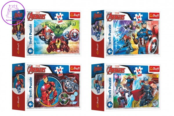 Minipuzzle 54 dílků Avengers/Hrdinové 4 druhy v krabičce 9x6,5x4cm 40ks v boxu