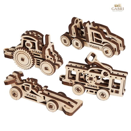 Ugears 3D dřevěné mechanické puzzle 4 mechanické přívěšky Vozidla