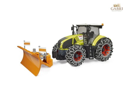 Bruder Claas Axion 950 se sněhovými řetězy a radlicí