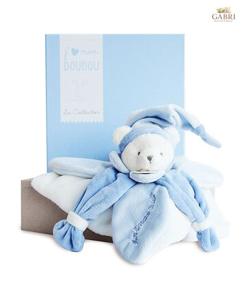 Doudou Dárková sada - plyšový muchláček modrý medvídek 24 cm