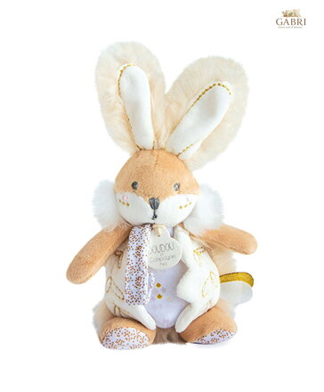 Doudou Hračka zajíček s chrastítkem a úchytem na dudlík 21 cm bílá