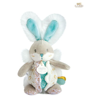 Doudou Hračka zajíček s chrastítkem a úchytem na dudlík 21 cm tyrkysová