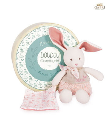 Doudou Dárková sada - Plyšový Ecru králiček s růžovou dečkou z  BIO bavlny 22 cm