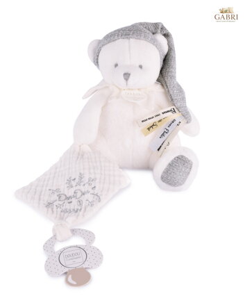 Doudou Dárková sada Plyšový medvídek s úchytem na dudlík a dečkou šedý 20 cm