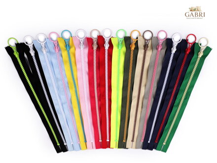 Kostěný zip barevný No 5 délka 25 cm s ozdobným jezdcem