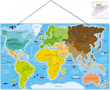 WOODY DŘEVO Svět v obrázcích 77x47cm Hra Puzzle naučné 2v1 mapa světa 86 dílků