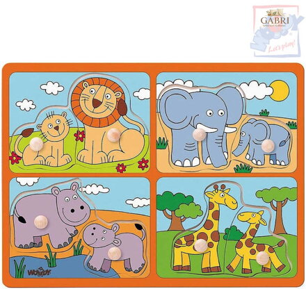 WOODY DŘEVO Baby puzzle s úchyty mláďata 4x2 dílky na desce pro miminko